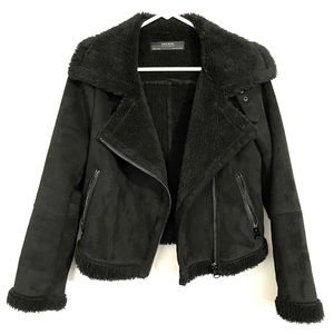 Zara Black Teddy Sherpa Moto Jacket